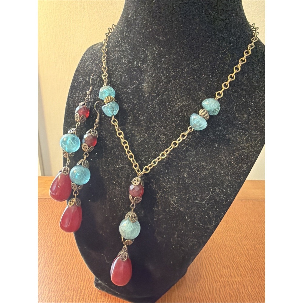 Hand Beaded Red And Blue Colors Necklace With Matching Earrings Bohemian